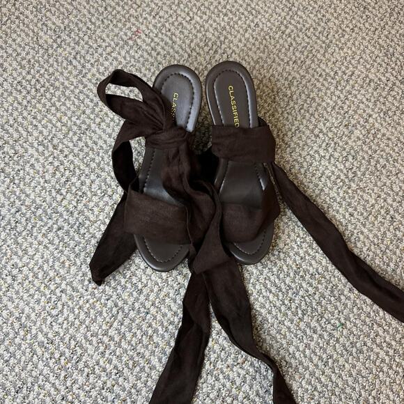 NWT 2000s vintage y2k brown faux suede strappy lace up ribbon wedge heels - Picture 1 of 6